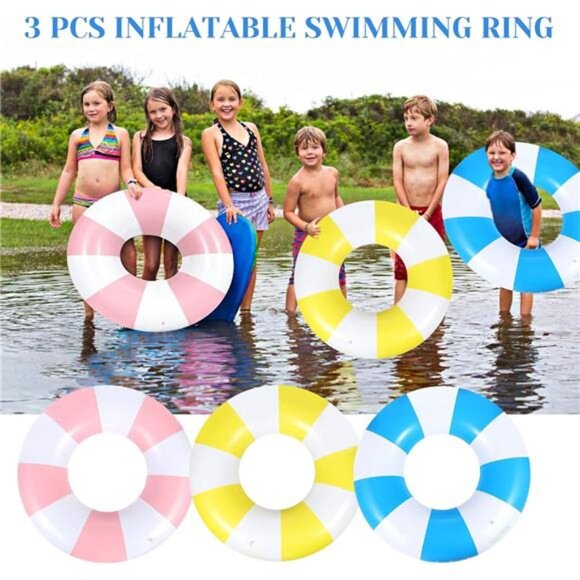 3 PCS 39.4 Inch Jumbo Swimming Ring with Fun Prints Striped Pool Floats Pool - Picture 5 of 8